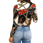 Elegant Chain Print Ladies Shirt Neckline long-sleeved casual shirt blouse